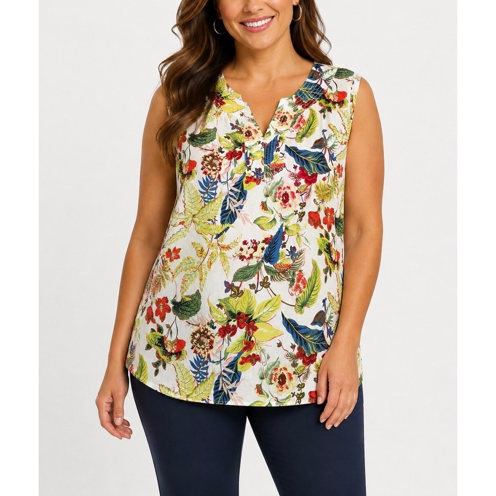 Talbots Sleeveless Top Womens XL Floral Tropical Split Neck Blouse Botanical